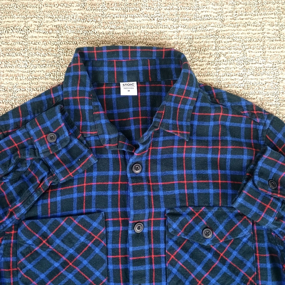 Stoic Flannel Button Down Shirt Mens Medium Plaid Blue Red Outdoor Gorpcore